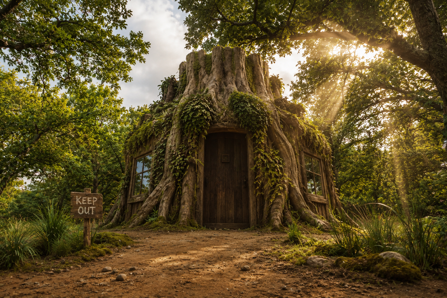 A house built within a large tree trunk with windows and a wooden door, surrounded by lush green foliage and sunlight streaming through the trees; a small wooden sign reads 'Keep Out' in front of the house.
