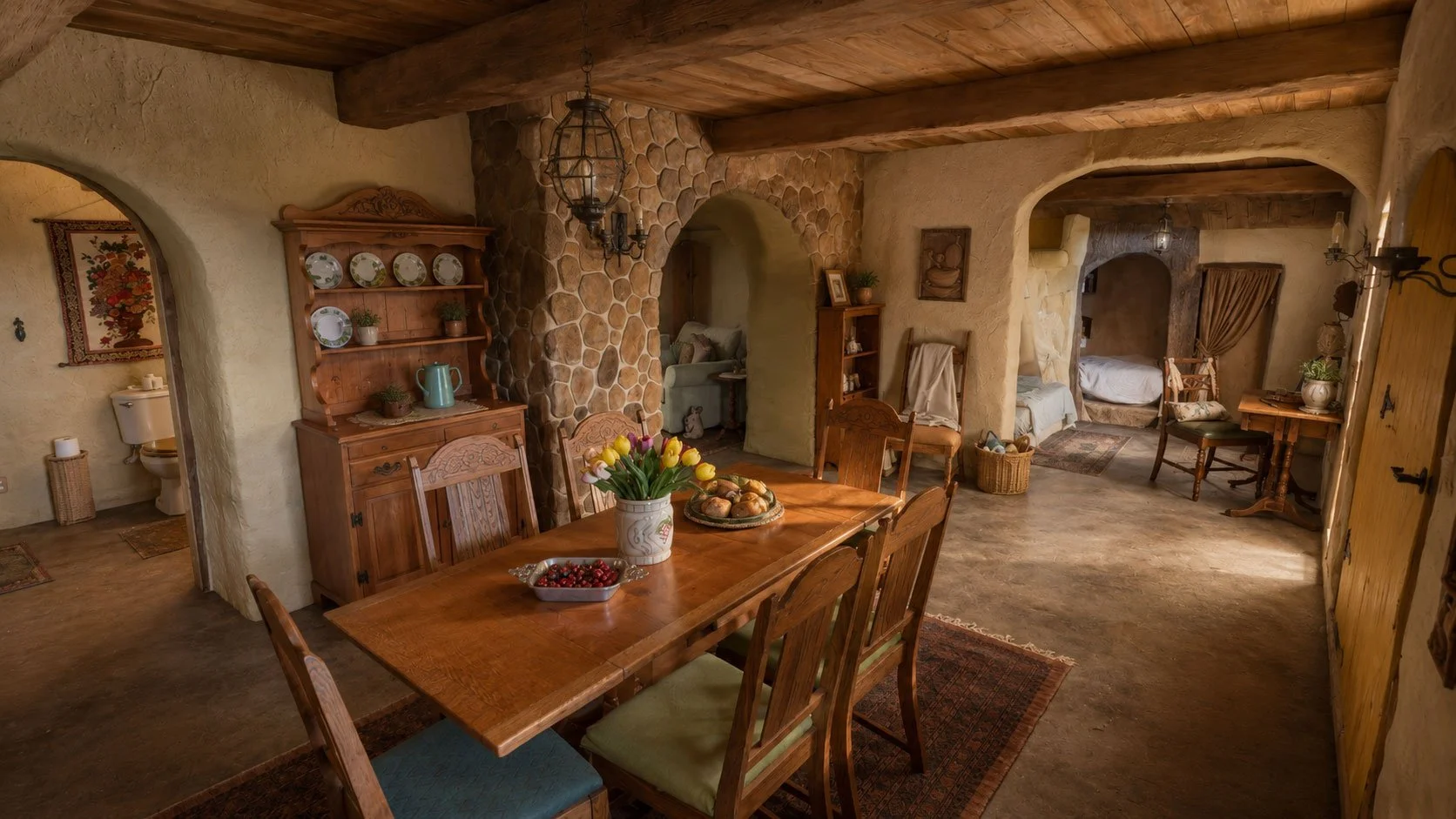 A rustic hobbit dining area at Mirador Texas with a wooden table, chairs, and a vase of tulips. The room features stone and plaster walls, wooden beams, and cozy bedrooms in the background.