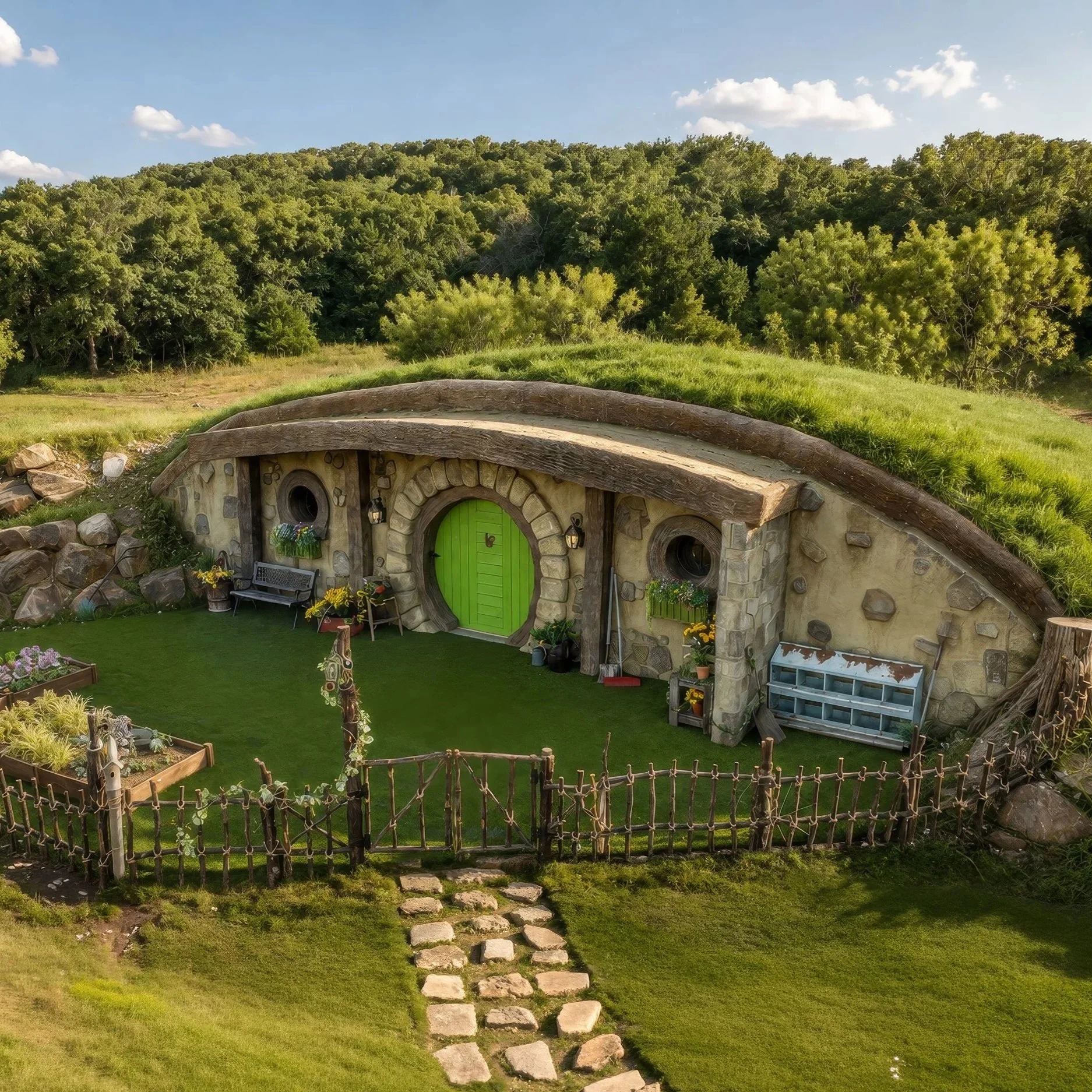 A Hobbit-style house with a rounded green door, stone walls, and a grassy roof, set in a lush green landscape with a path of stepping stones leading to the house.