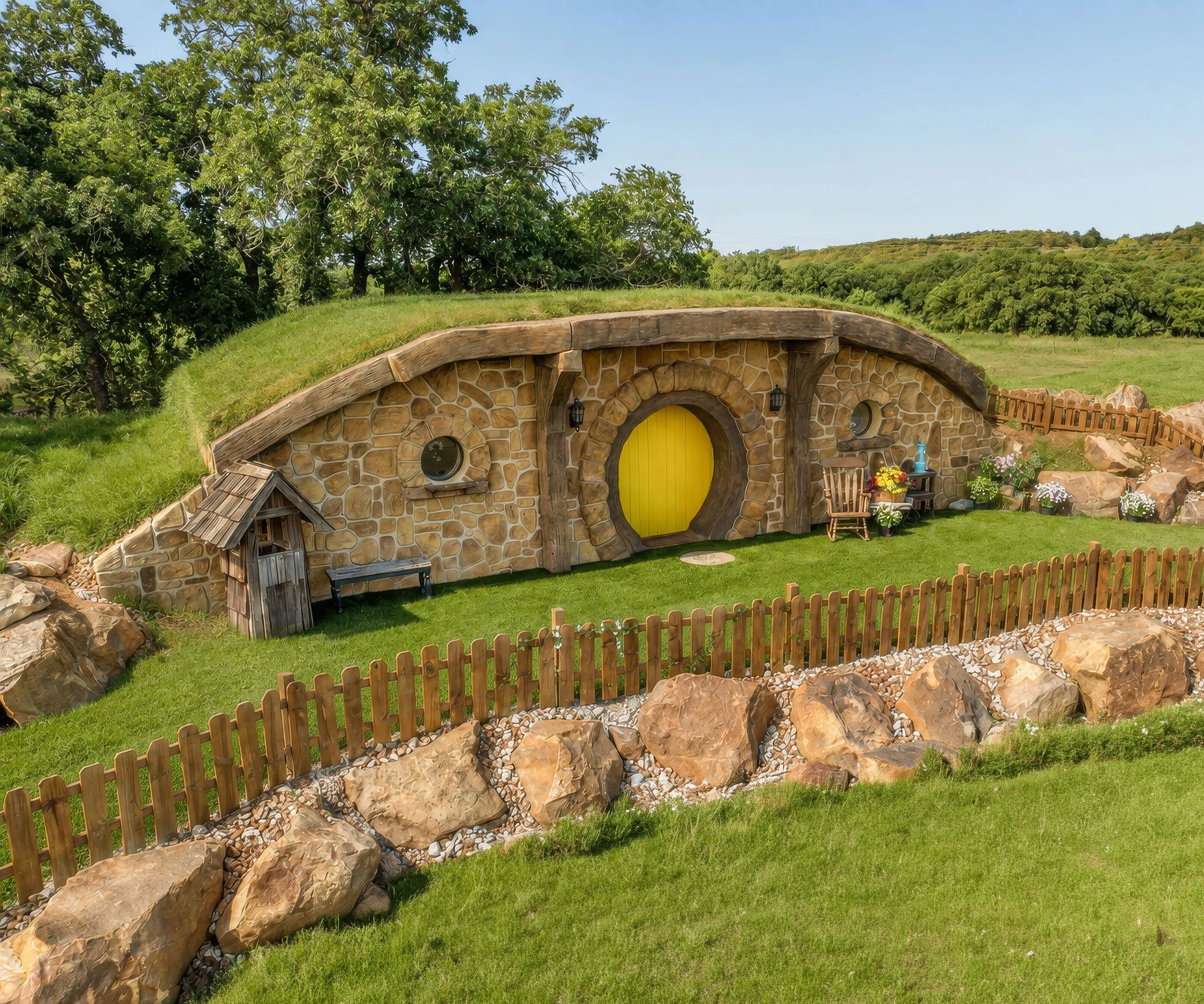 The Baker House at Mirador: a round yellow door set in a stone facade beneath a grass-covered roof, with a fenced front yard and sandstone boulders