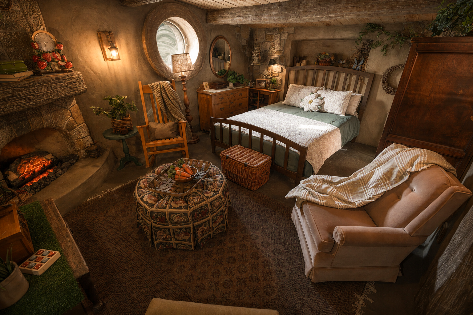 Cozy rustic hobbit bedroom at Mirador Texas with stone fireplace, wooden furniture, a bed with white and green bedding, a patterned ottoman with a tray of carrots, leather armchair with blanket, and warm lighting.