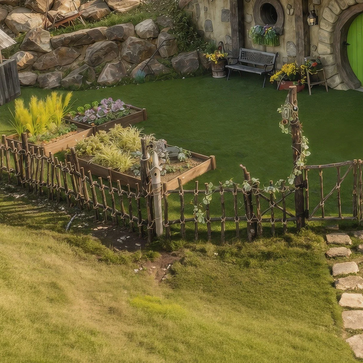 Raised wooden garden beds planted with grasses and leafy greens inside a rustic twig fence in front of the Gardener House, with sandstone boulders behind