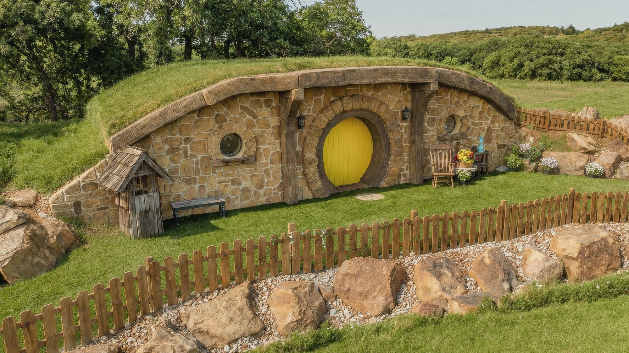 Aerial view of the Baker House at Mirador near Mingus, Texas: a stone-faced, earth-covered storybook house with a round yellow door, behind a split-rail fence and sandstone boulders