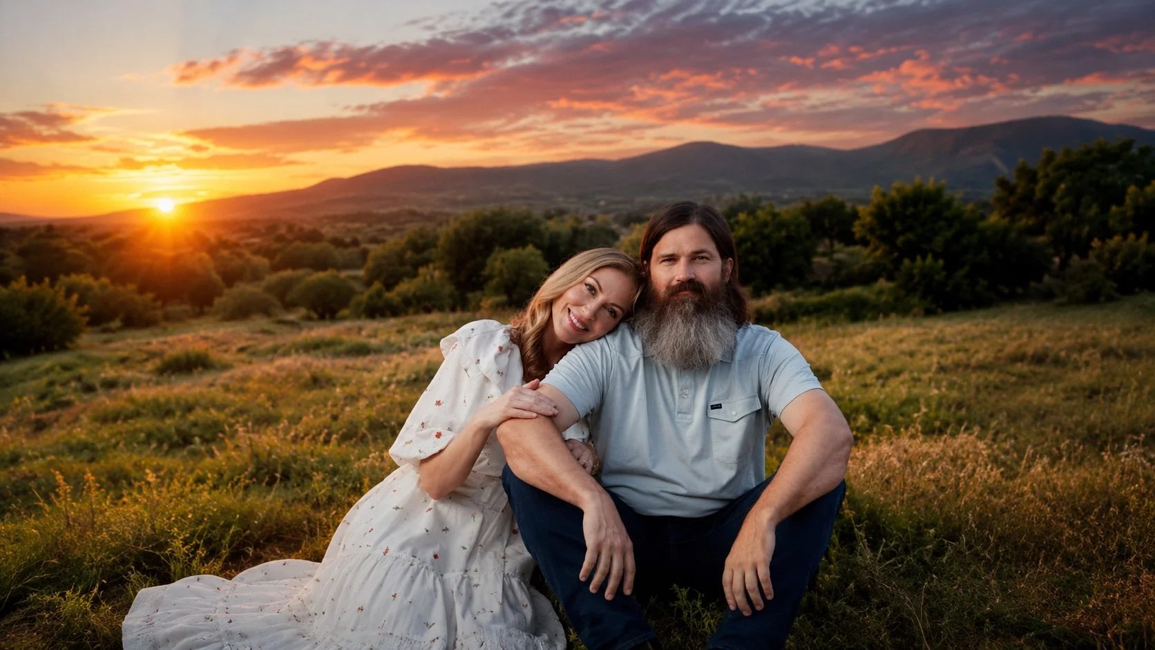 Jep and Jessica Robertson of Jep & Jess: Beyond the Bayou pose outdoors in Texas, featured as part of Mirador’s hobbit inspired retreat experience.