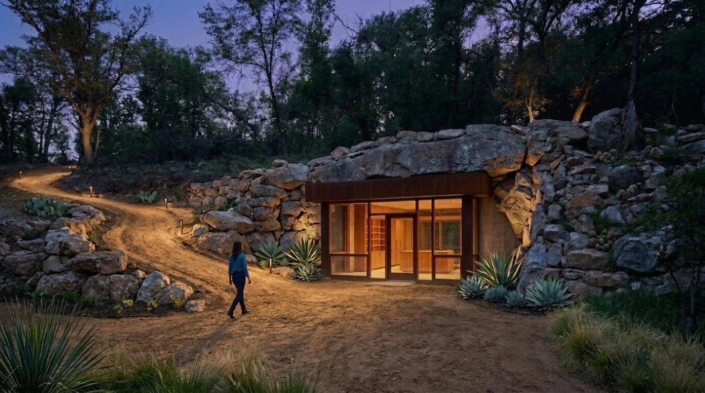 A woman walking on a dirt trail toward a small, modern house built into a rocky hillside with desert plants and trees around it, illuminated warmly inside, during dusk or early evening.