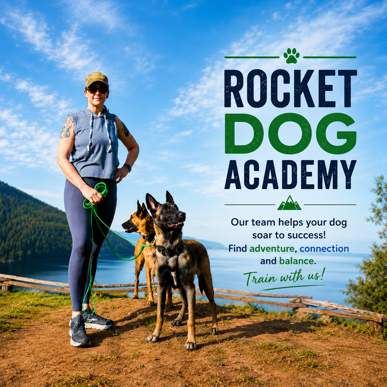 A woman standing outdoors on a dirt path by a lake with forested hills in the background, holding leashes of three dogs, promoting Rocket Dog Academy with text about helping dogs succeed through adventure, connection, and balance.