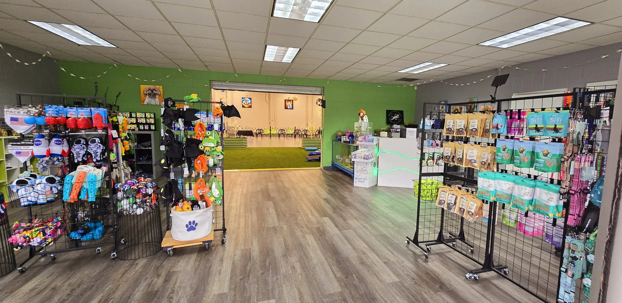 Interior of a pet store with various pet accessories and supplies displayed on black metal racks, including toys, bowls, leashes, treats, and pet clothing. There is a green and gray wall with decorations and an open area at the back with chairs and a small stage.