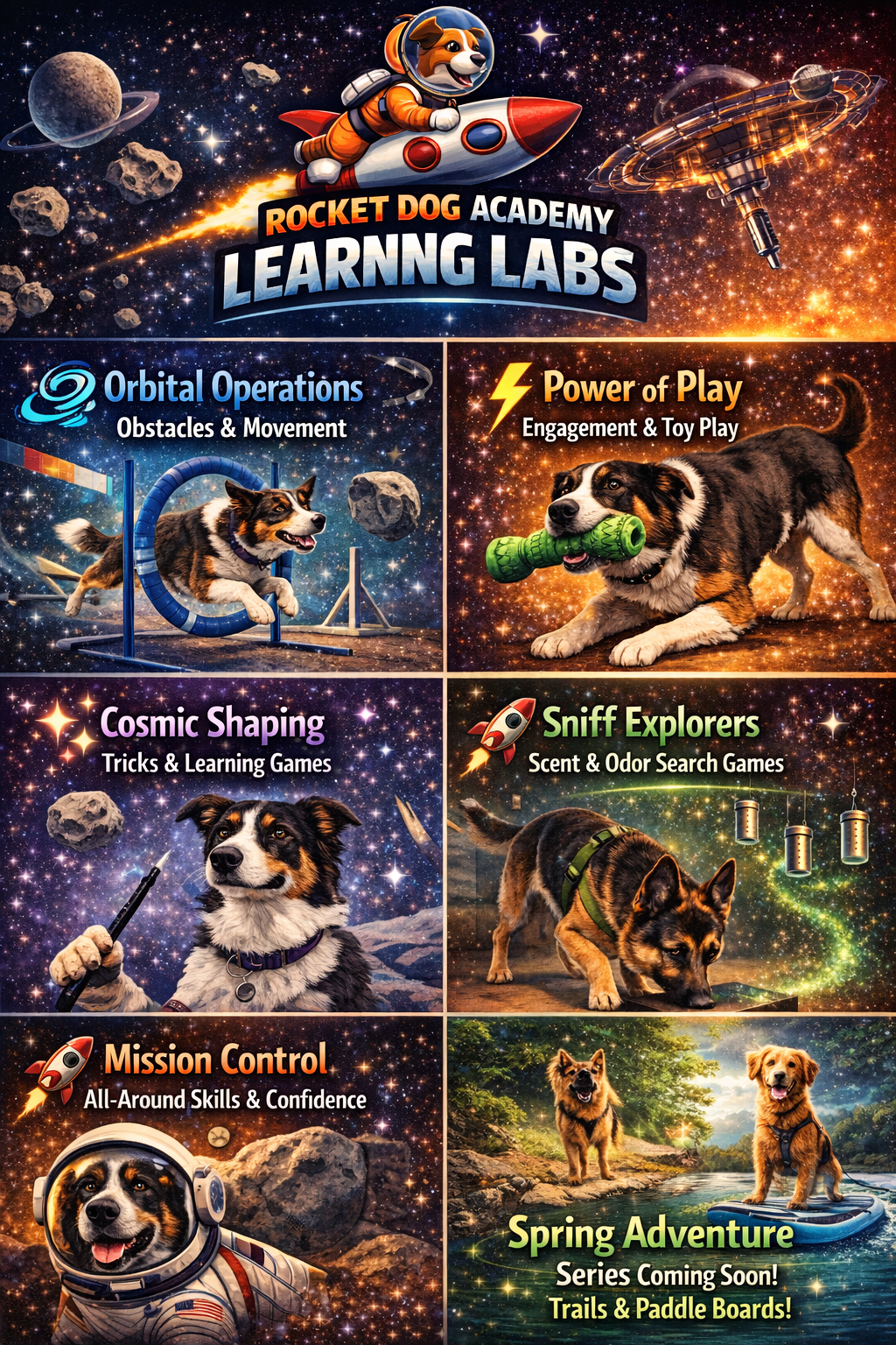 Promotional poster for Rocket Dog Academy Learning Labs featuring space-themed backgrounds with dogs engaged in various activities. The poster highlights different learning modules including Orbital Operations, Power of Play, Cosmic Shaping, Sniff Explorers, Mission Control, and Spring Adventure, each with descriptive text and dog images.