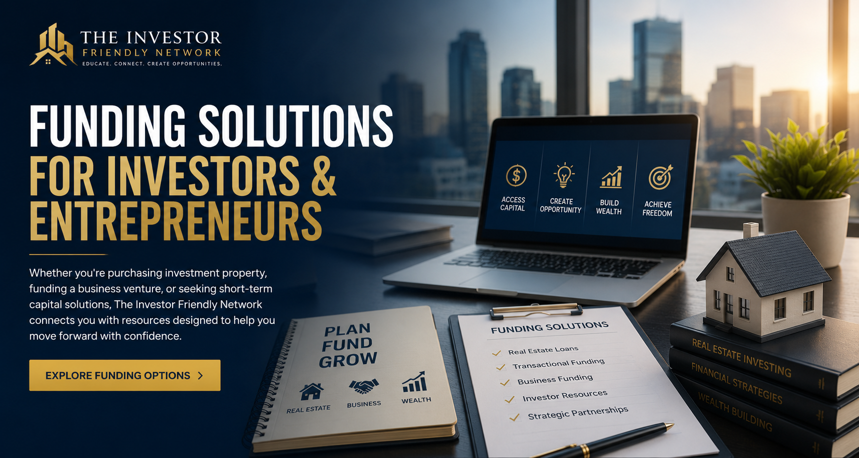 Real estate investor funding solutions including hard money loans, transactional funding, private lending, bridge loans, and business capital offered through The Investor-Friendly Network.