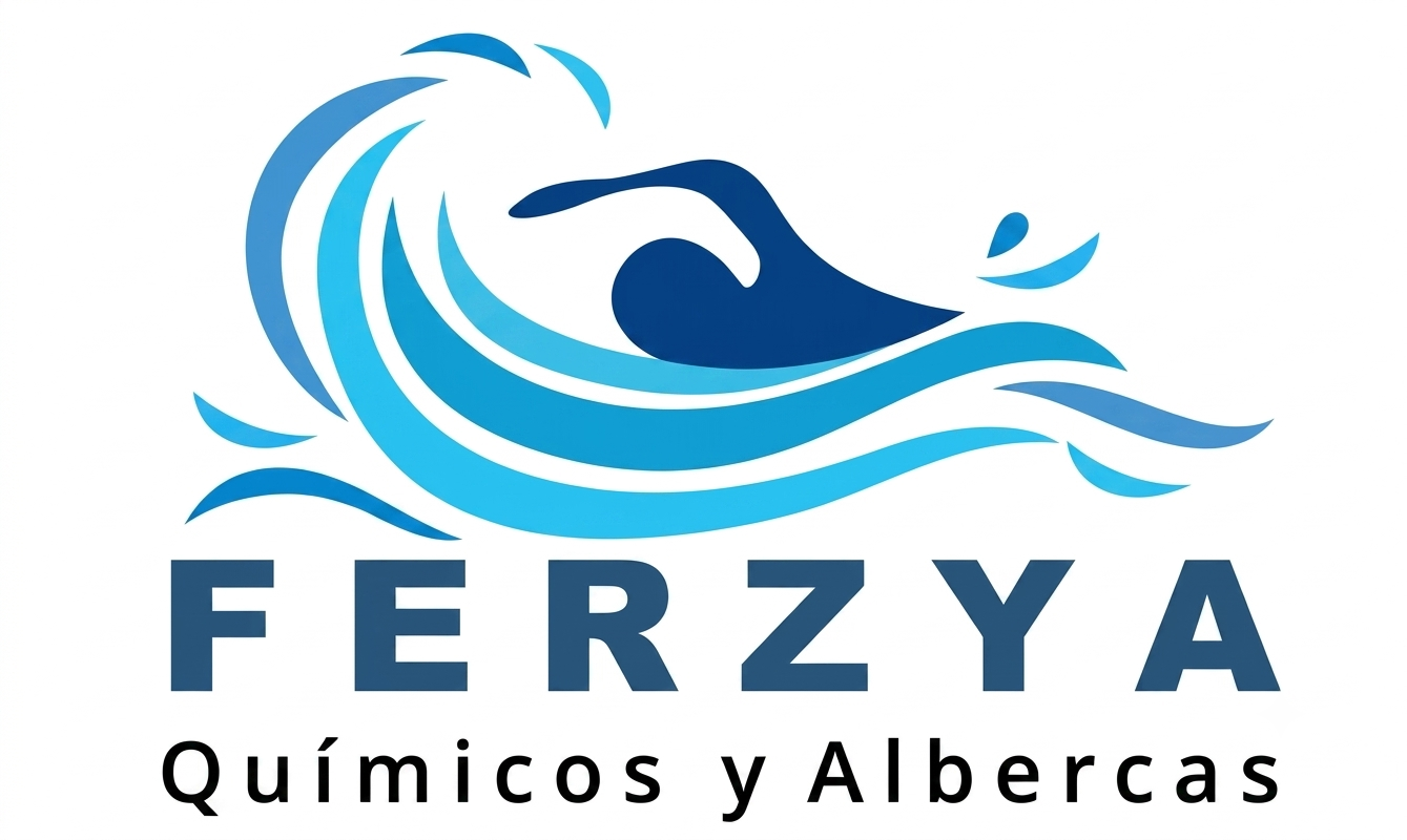 Logotipo de la empresa 'Ferzyá' con un delfín en azul en olas y el texto 'Químicos y Albercas'.