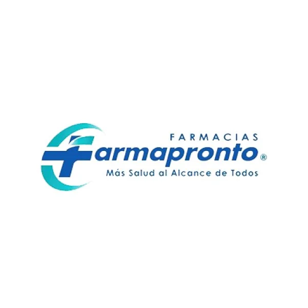 Logo de Farmapronto, farmacia con un símbolo de cruz azul y verde y el texto 'Más Salud al Alcance de Todos'.