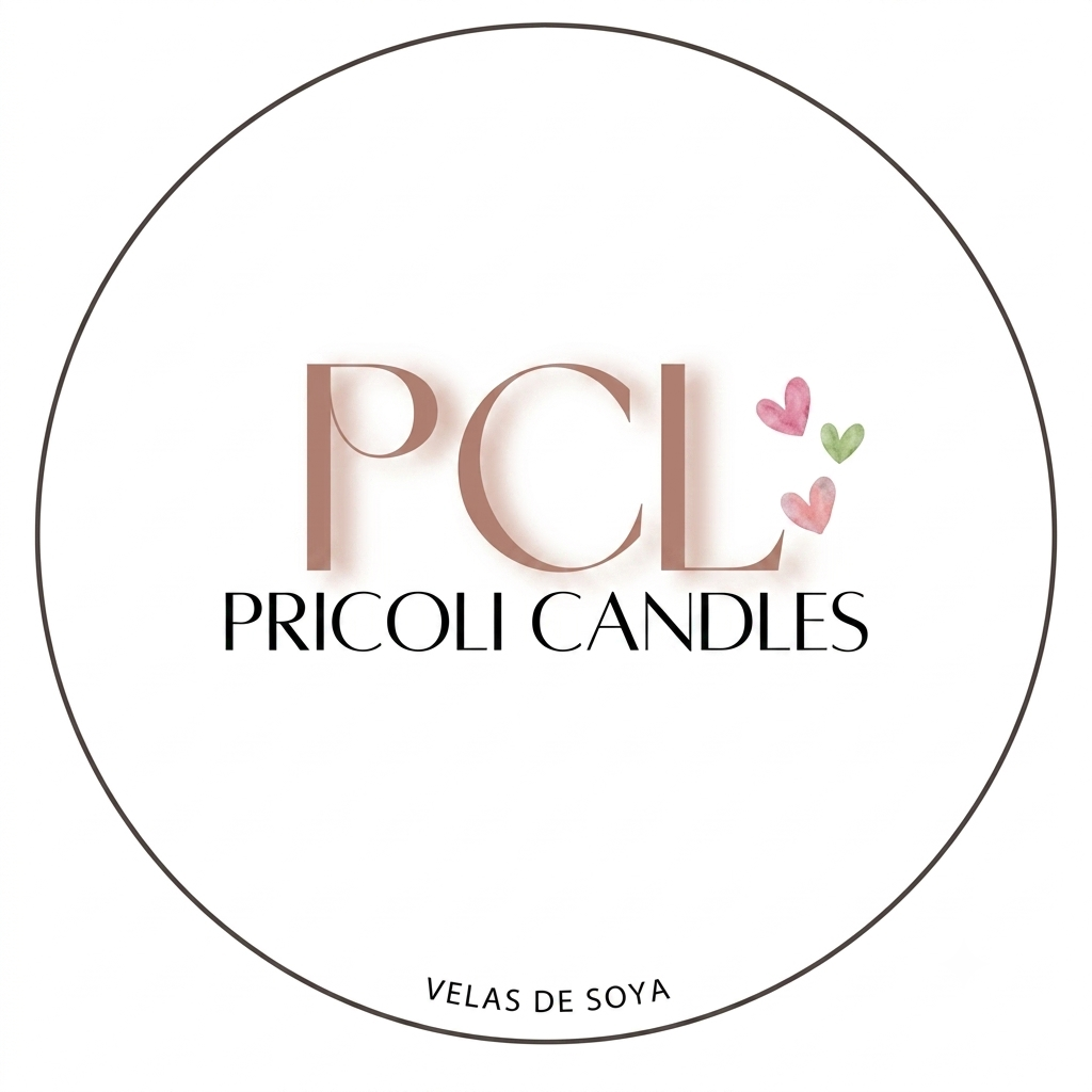 Etiqueta de vela de soja de la marca PCL Prcoli Candles con corazones rosas y verdes.