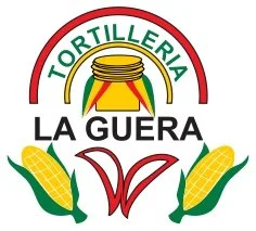 Logo de una tortillería llamado 'La Guerra' con un frasco en el centro y dos mazorcas de maíz a los lados.