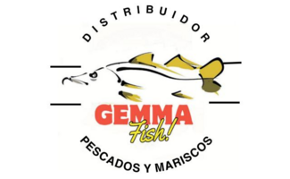 Logotipo de Gemma Fish, distribuidor de pescados y mariscos, con un pez estilizado y letras en rojo y negro.