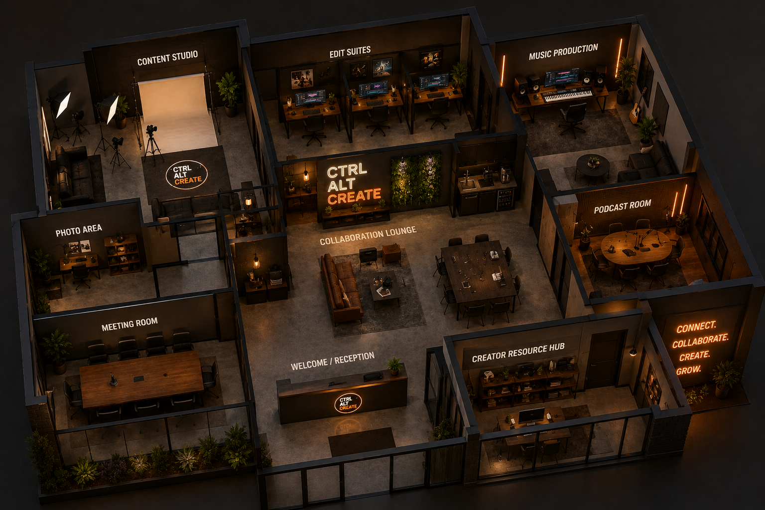 A modern, multipurpose creative workspace with labeled rooms including a content studio, edit suites, music production, podcast room, collaboration lounge, photo area, meeting room, welcome/reception, creator resource hub, and an open area with inspirational neon signs and plants.