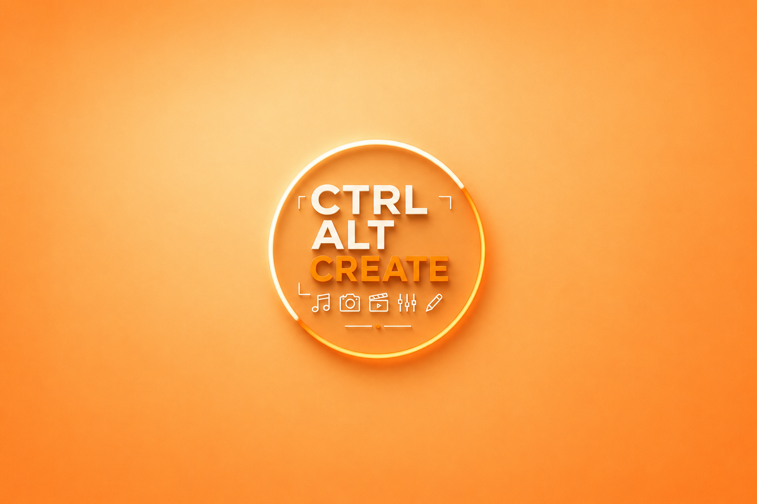 Neon sign with the words 'CTRL ALT CREATE' on an orange background, surrounded by icons of a music note, camera, video play button, sliders, and pencil.