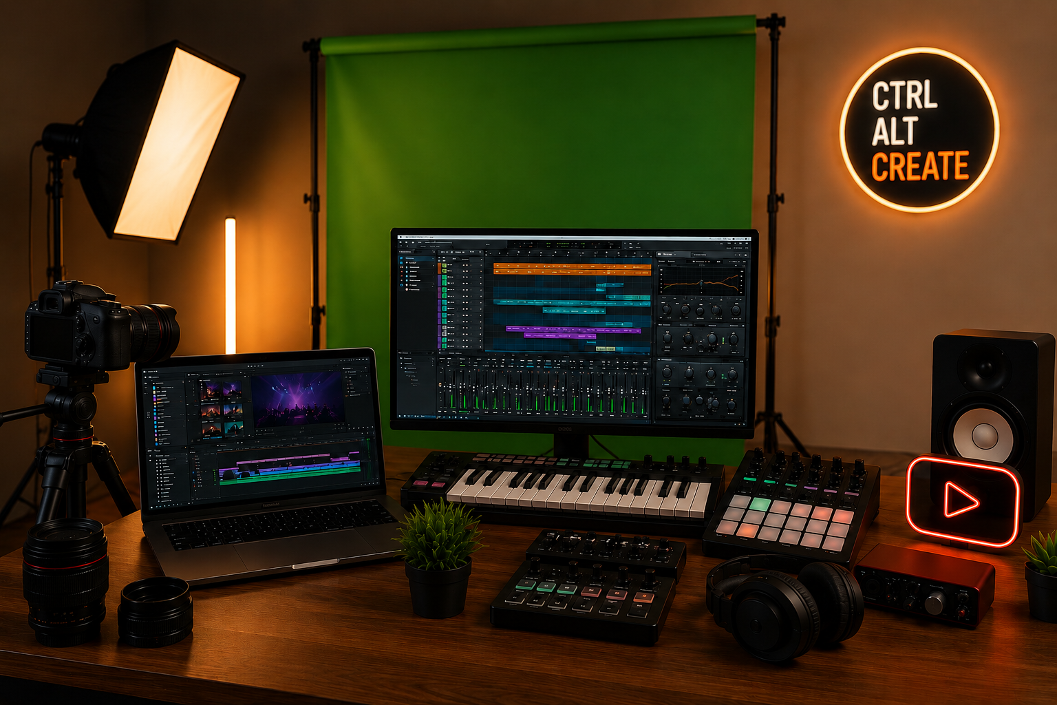 Music production setup with camera, laptop, monitor displaying music software, MIDI keyboard, controllers, studio monitor, headphones, and decorative signs on a wooden desk, green screen, soft lighting, and tripod lights in background.