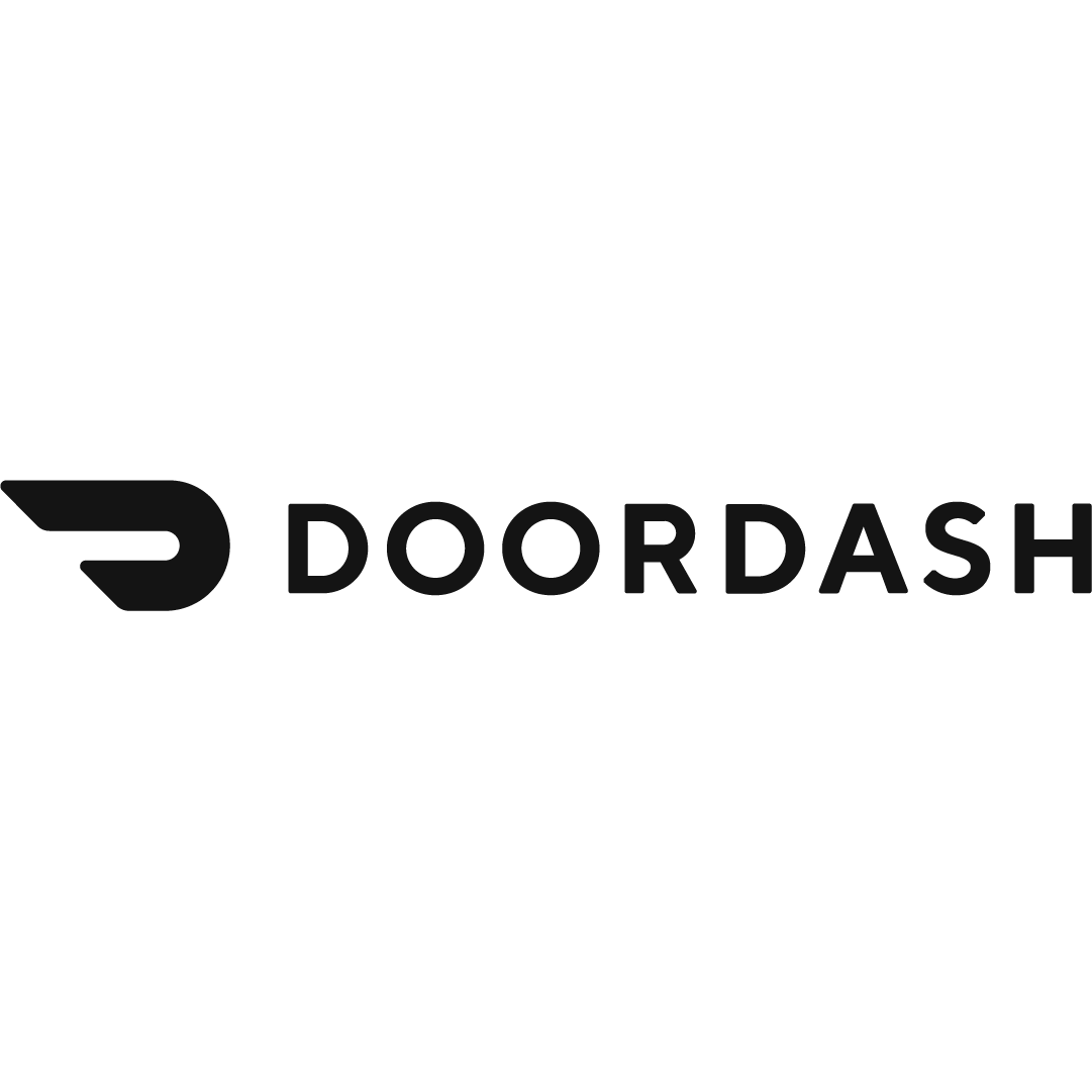 Black logo of DoorDash with a stylized D and the word 'DOORDASH' underneath.