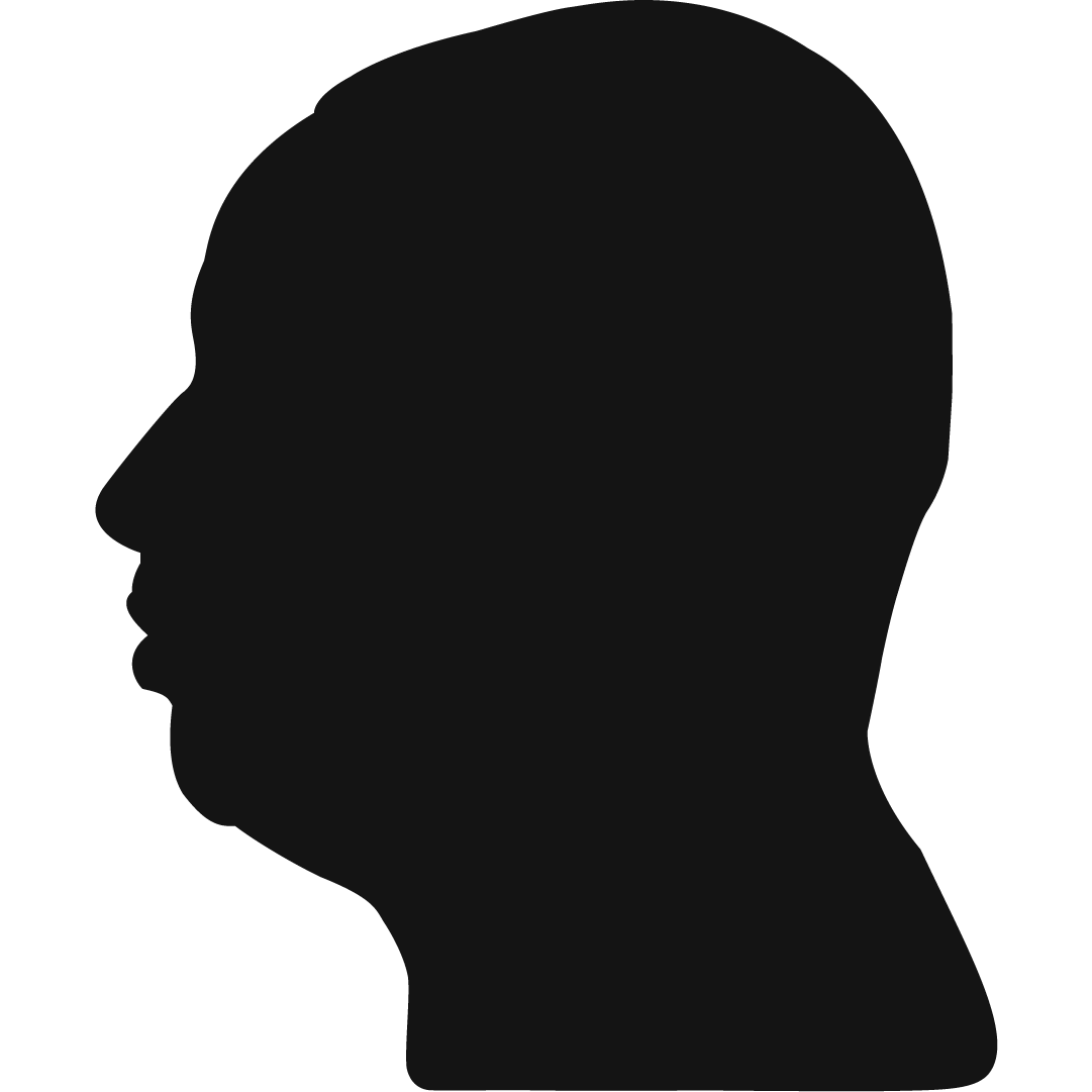 Black silhouette of a person's profile facing left, with a bald head and prominent nose.
