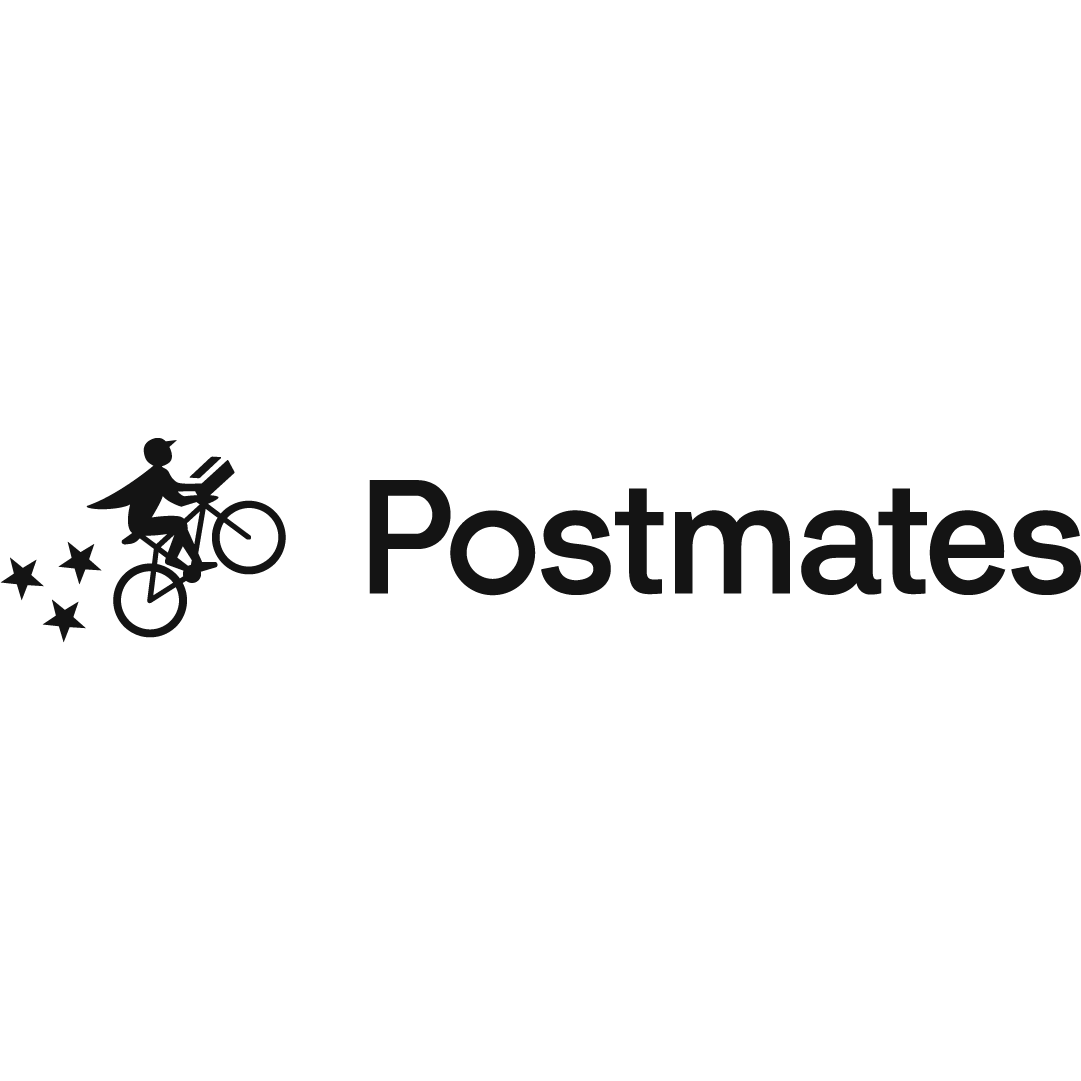 Black and white Postmates logo featuring a person riding a bicycle and the word 'Postmates'