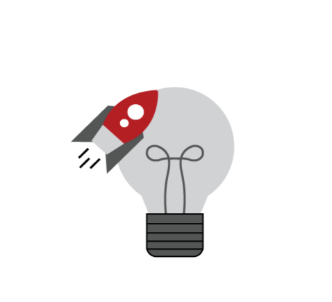 A cartoon rocket launching towards a light bulb, symbolizing innovation or ideas.