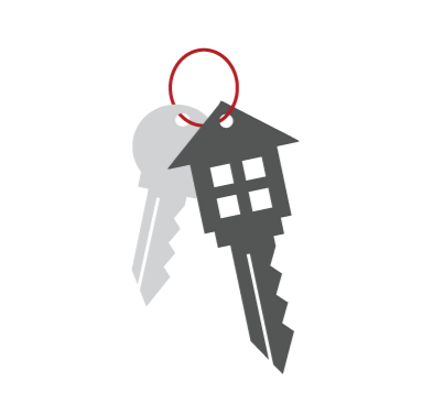 Two house keys on a red keyring against a black background, one with a house-shaped head.