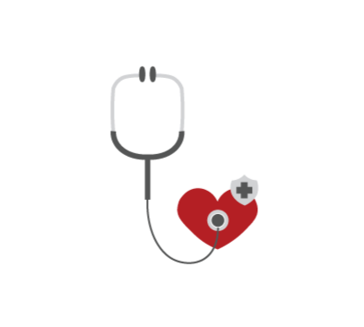 A stethoscope with a heart and a medical cross symbol connected to it, representing healthcare or medical care.