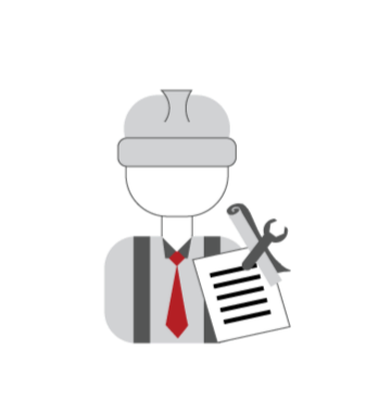 Vector graphic of a person wearing a hard hat, red tie, and gray shirt holding a clipboard with a pencil.