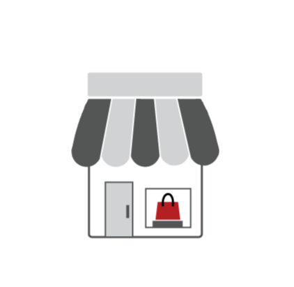 Illustration of a storefront with an awning and a handbag display window.