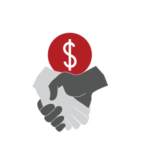 A graphic image of two hands shaking with a red coin featuring a dollar sign above them, symbolizing financial agreement or partnership.