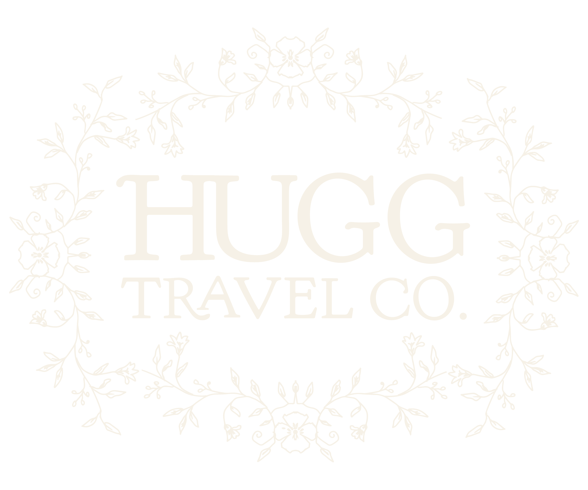 Decorative black background with white floral design and the text 'HUGO TRAVEL CO.' in white.