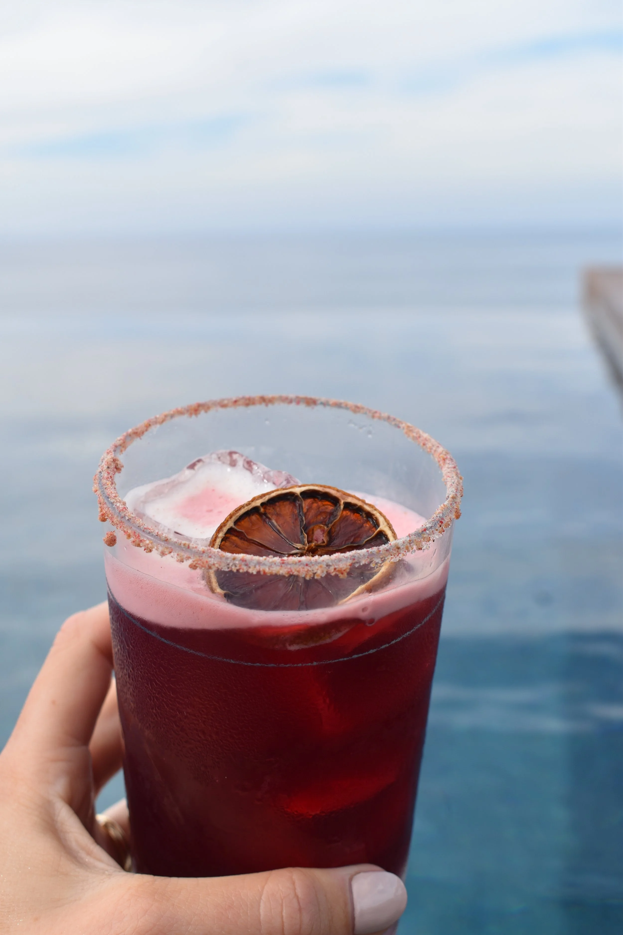 Close-up of a hand holding a glass of pink cocktail with a salted rim and dried lemon slices, with a blurred ocean background.
