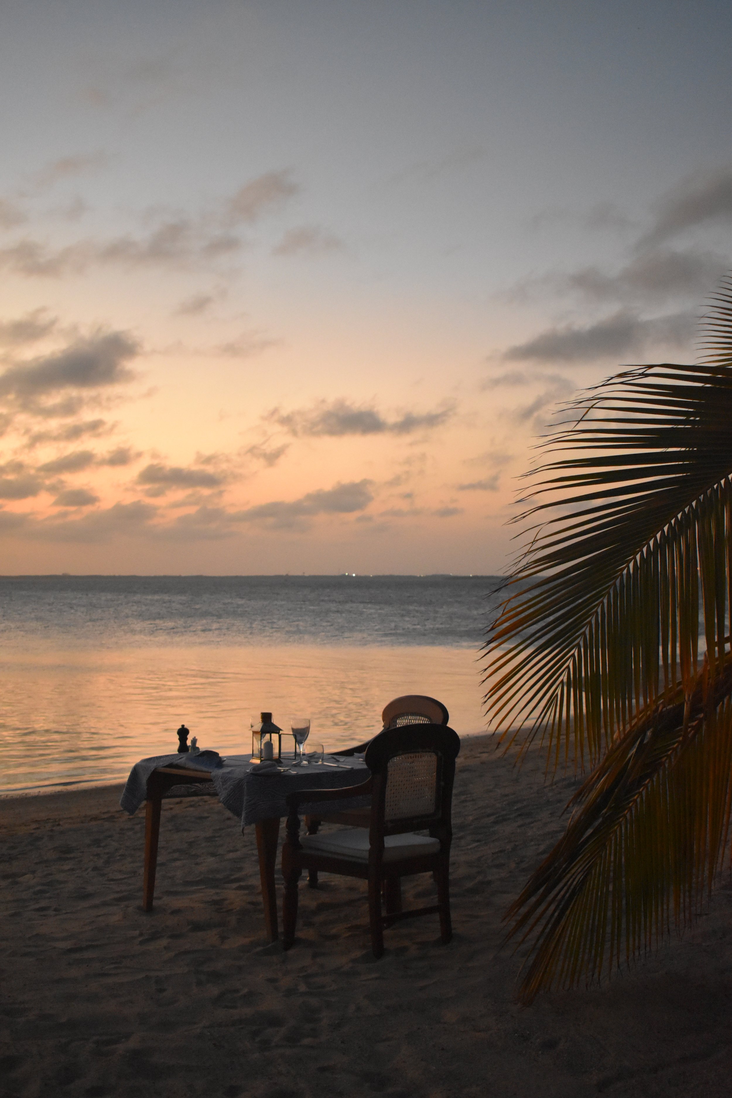 A beach at sunset with a table set for dining, two chairs, a palm tree, and the ocean in the background at the Manda Bay resort in Lamu, Kenya