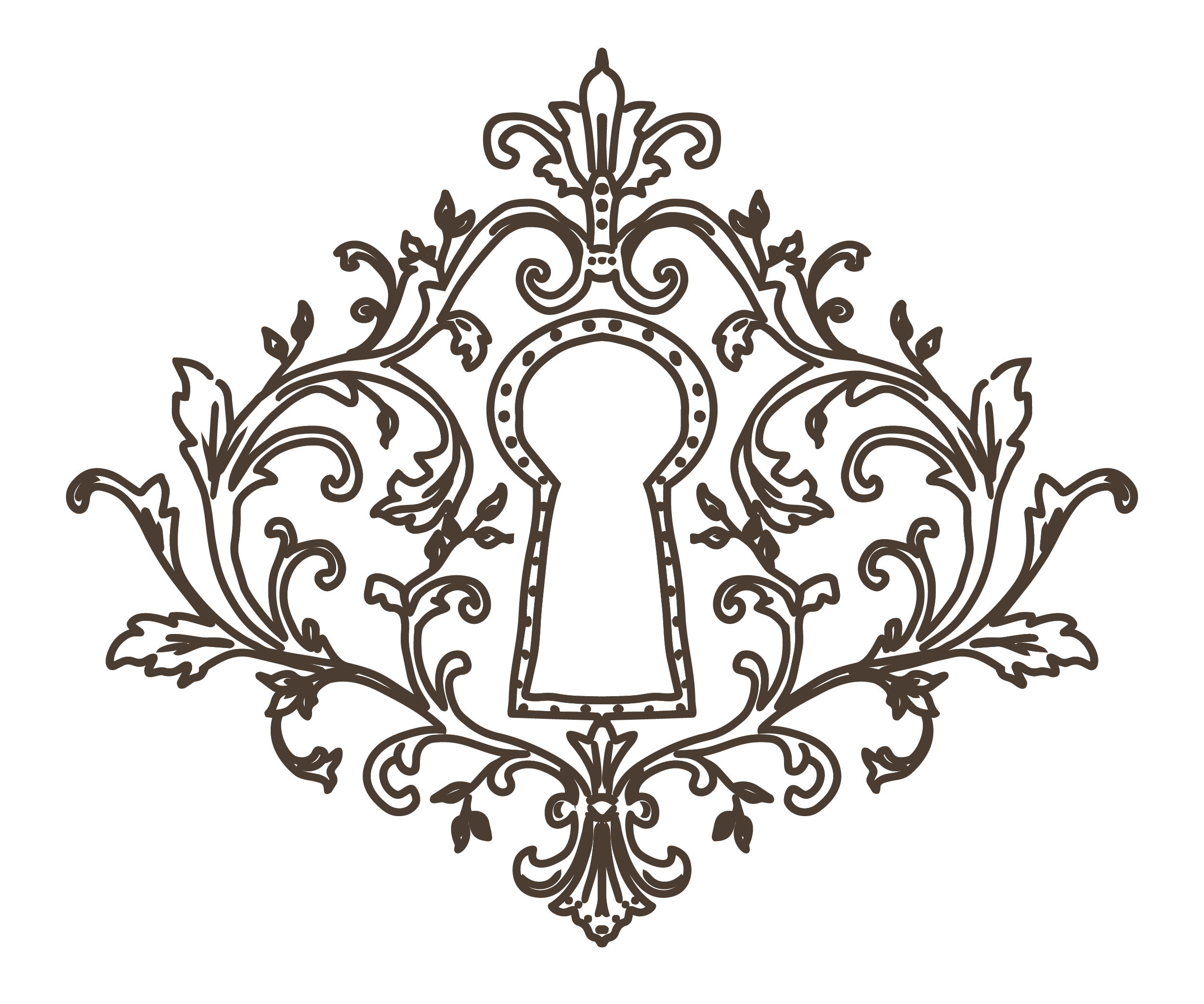 Ornate decorative pattern in beige lines on a black background, featuring floral and symmetrical motifs.