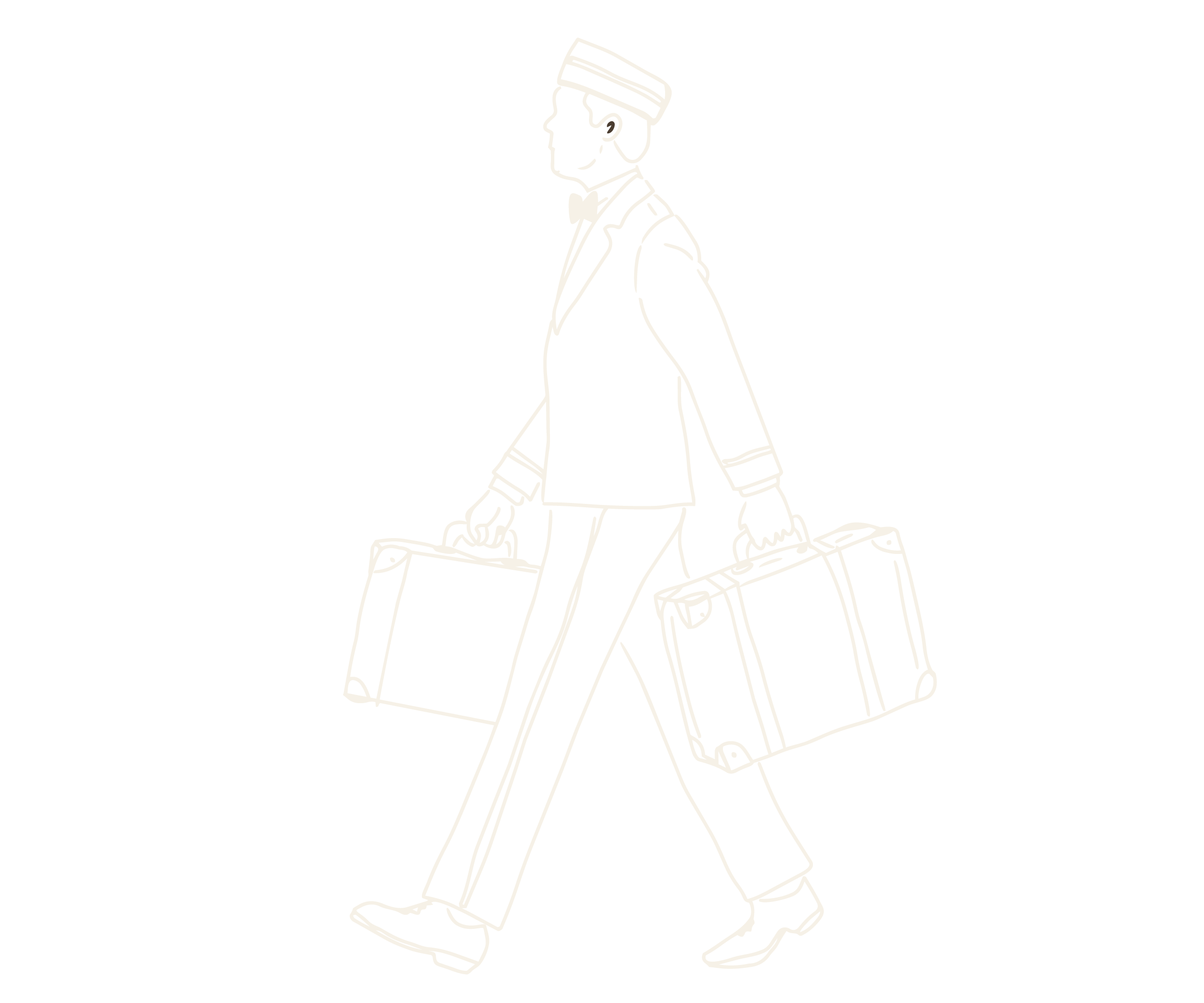 Outline drawing of a man in a suit and bow tie, carrying a suitcase and a bag, walking.