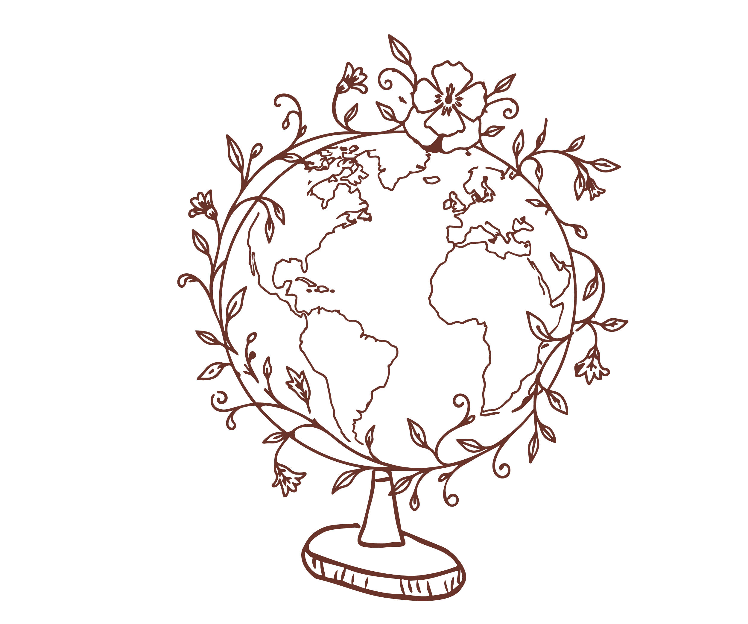 Outline drawing of the earth with a plant growing around it, set against a black background.