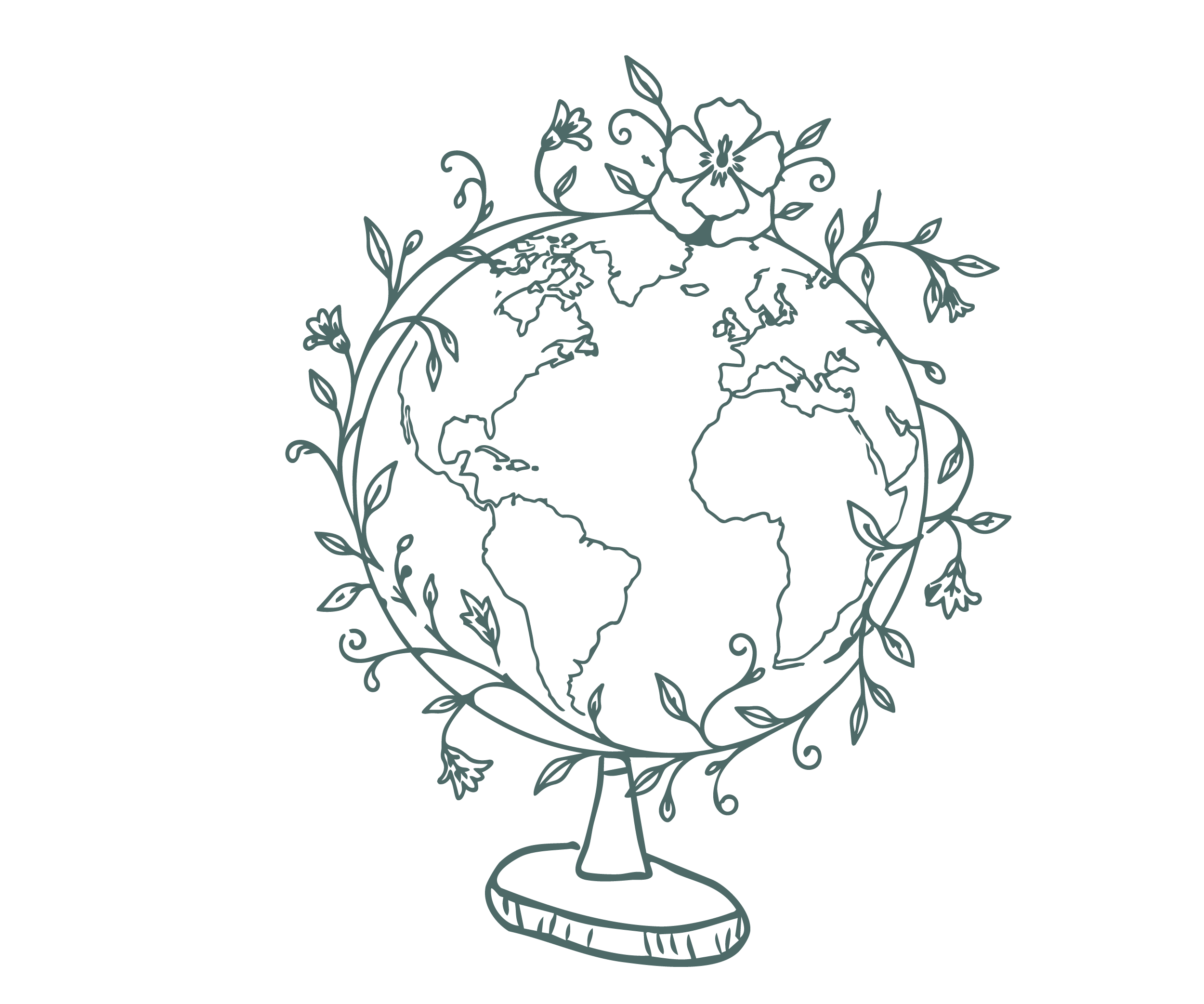 Outline drawing of a globe with continents and a plant or vine wrapping around it, ending in a flower