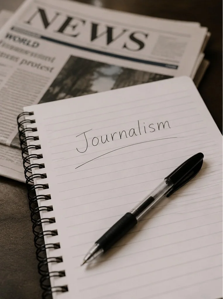 A notebook with the word 'Journalism' written on the page, a black and clear pen resting on the notebook, and a stack of newspapers in the background on a dark surface.