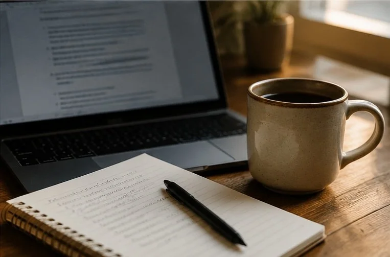 A laptop, a notebook with handwritten notes and a pen, and a mug of coffee on a wooden desk.