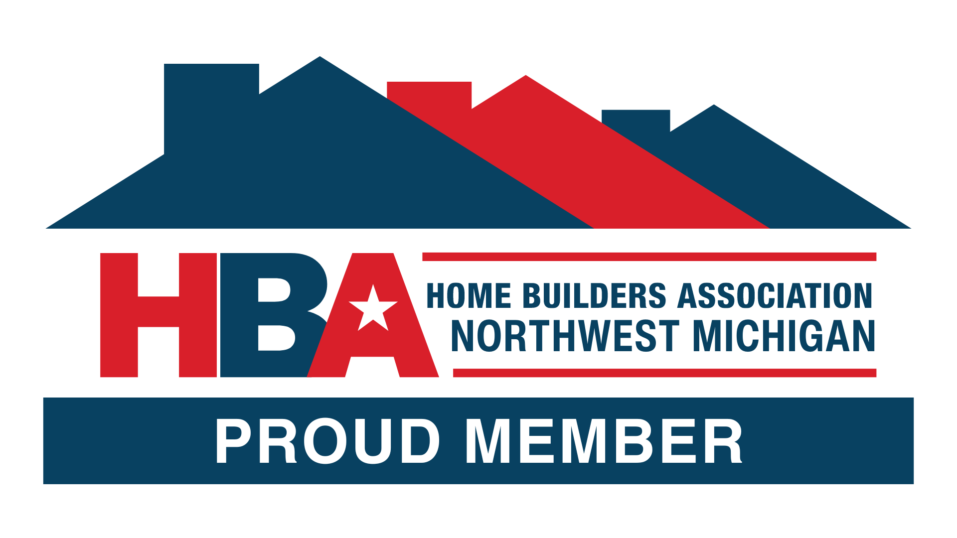 Logo for the Home Builders Association of Northwest Michigan featuring a mountain silhouette in red and dark blue, with text indicating proud membership.