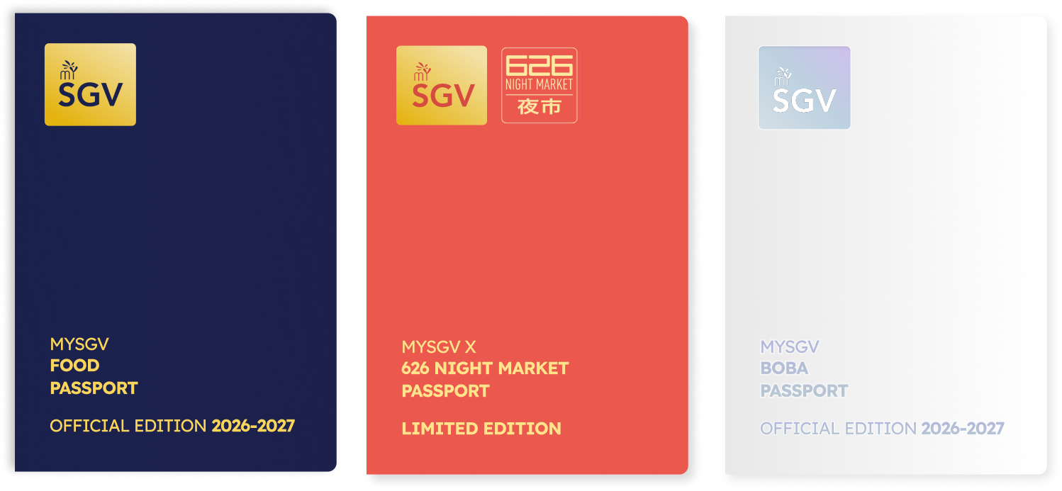 Three colorful passports, navy blue, coral red, and white, each with the SGV logo and additional text indicating they are food and night market passports for the 2026-2027 edition.