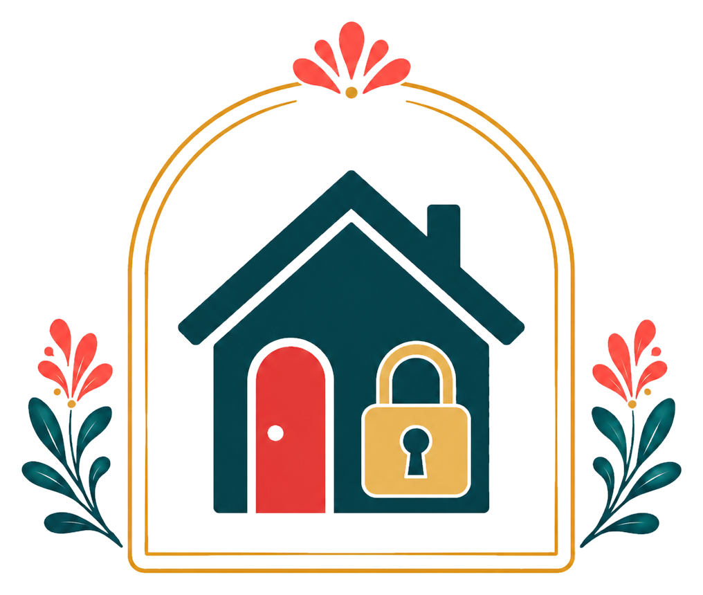 A graphic illustration of a house with a lock symbol in the center, surrounded by decorative flowers and outlined with a gold border.