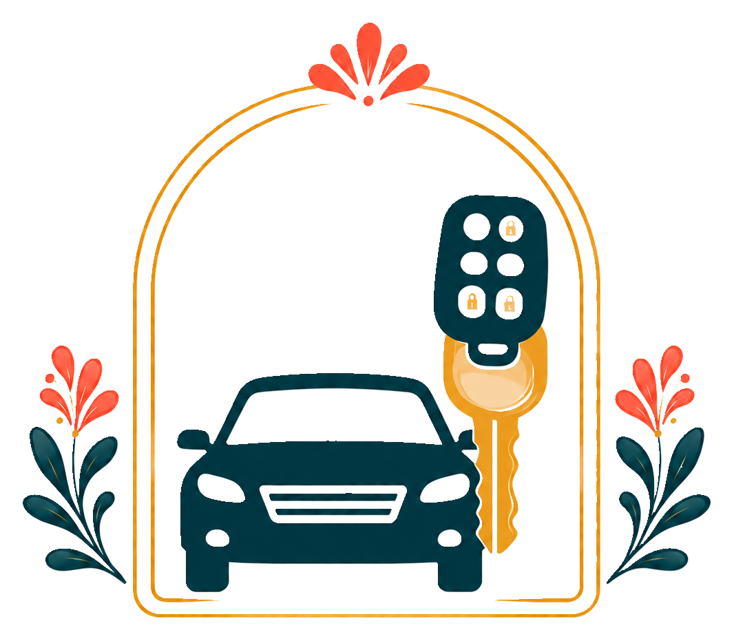 Illustration of a car and a remote control with lock and unlock buttons, surrounded by decorative red and dark leaves and a floral arch.