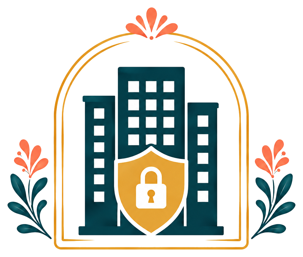 Illustration of a cityscape with tall buildings, a shield with a lock symbol, and decorative floral elements around a gold arch.