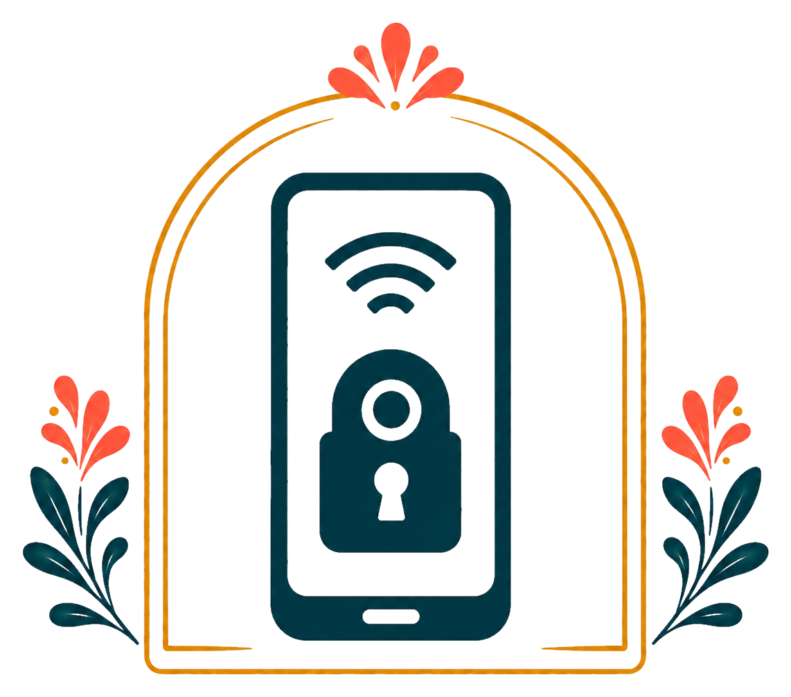 Illustration of a smartphone with a Wi-Fi signal and lock icon, surrounded by decorative floral elements.