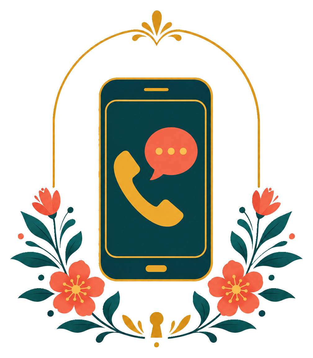 Stylized digital illustration of a smartphone with a call notification on the screen, surrounded by floral decorations and an ornate arch.