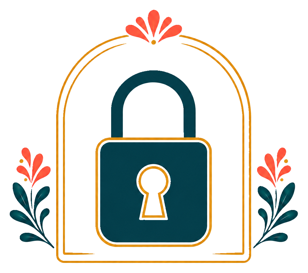 Illustration of a security padlock with decorative flowers and a rounded frame.