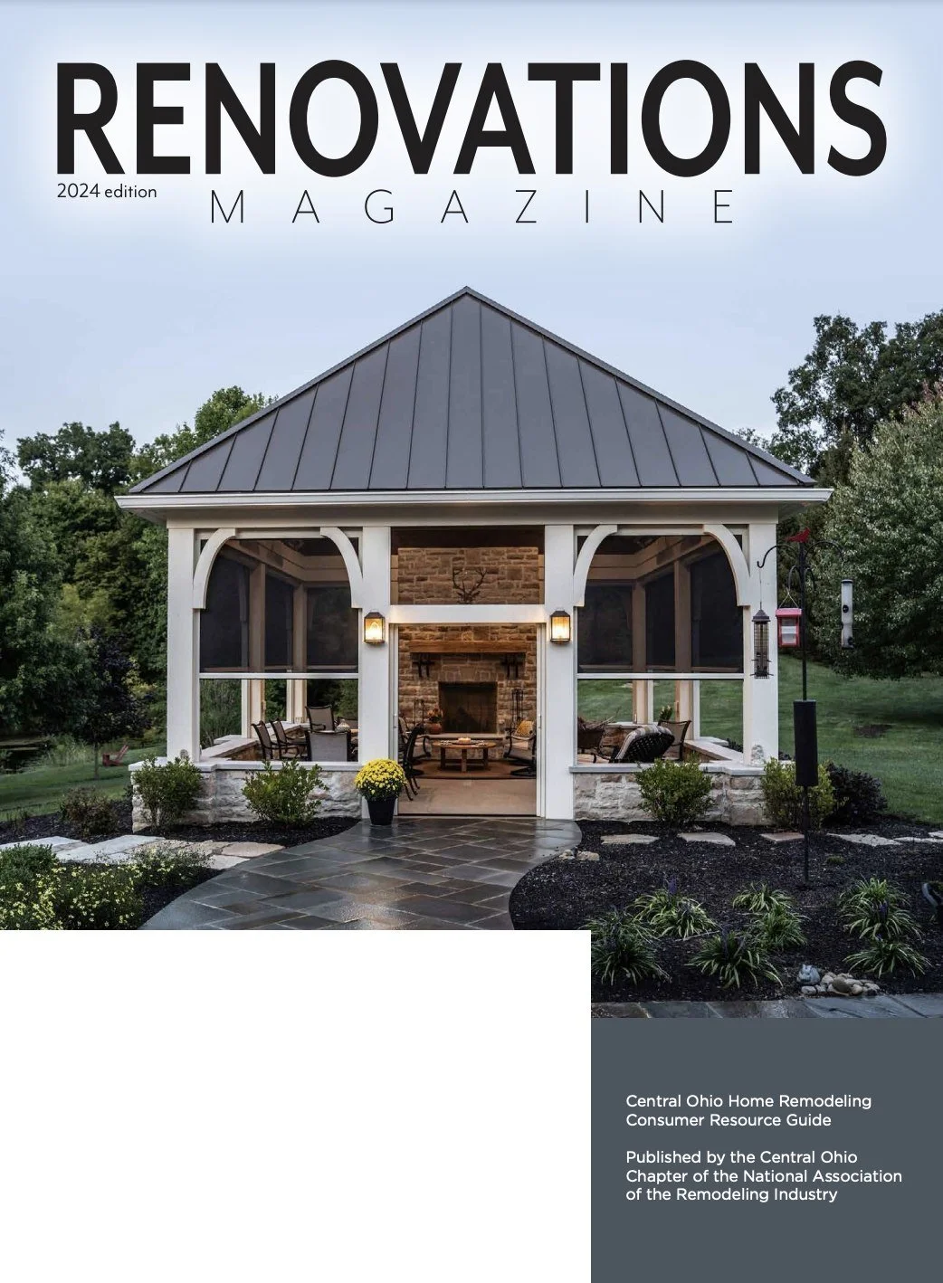Cover image of Renovations Magazine, 2024 edition, featuring a backyard gazebo with a stone fireplace, outdoor seating, and surrounding greenery.