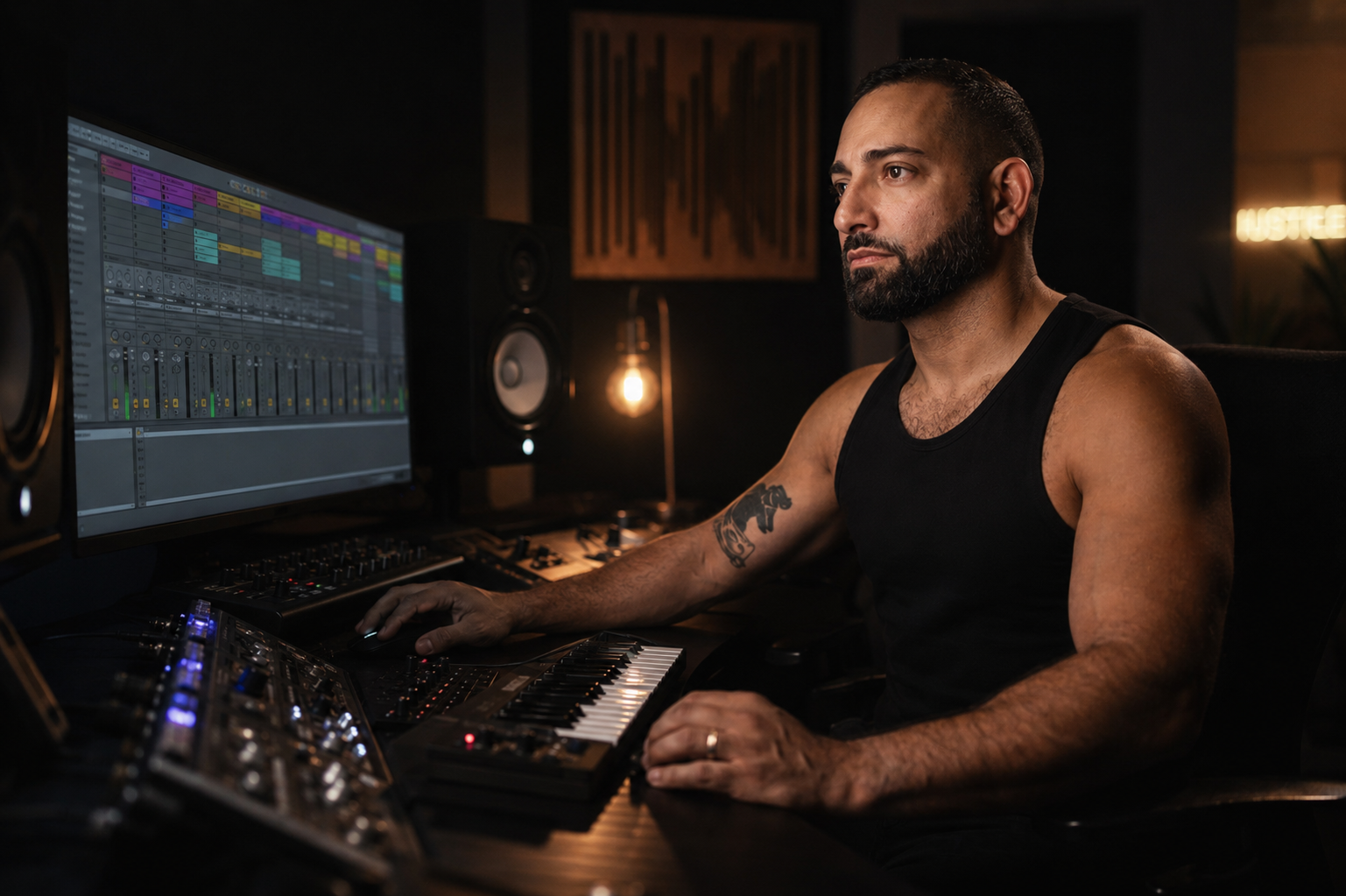 A man with a beard and tattoos on his arm wearing a black tank top is working at a music production studio with a computer, MIDI keyboard, and studio speakers. The studio has warm lighting and wooden acoustic panels. He appears focused on his work.