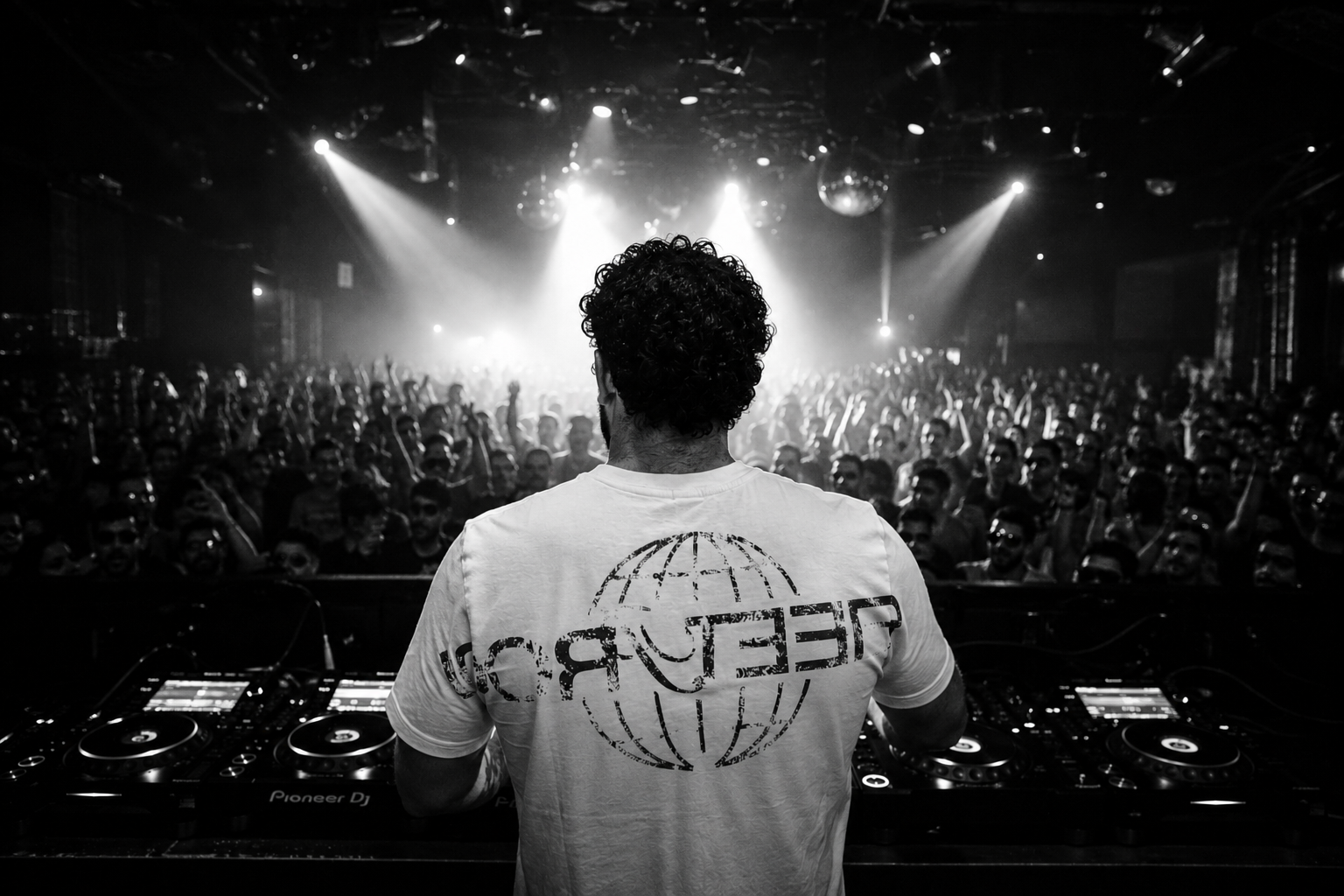 A DJ with curly hair wearing a graphic T-shirt faces a large crowd at a club with bright lights and disco balls overhead.